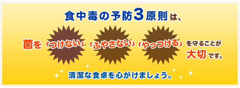 食中毒の予防3原則は菌を「つけない」「ふやさない」「やっつける」を守ることが大切です。清潔な食卓を心がけましょう。